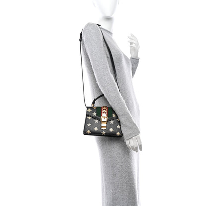 Gucci Textured Calfskin Bee Star Print Mini Sylvie Top Handle Bag Black 2 of 13