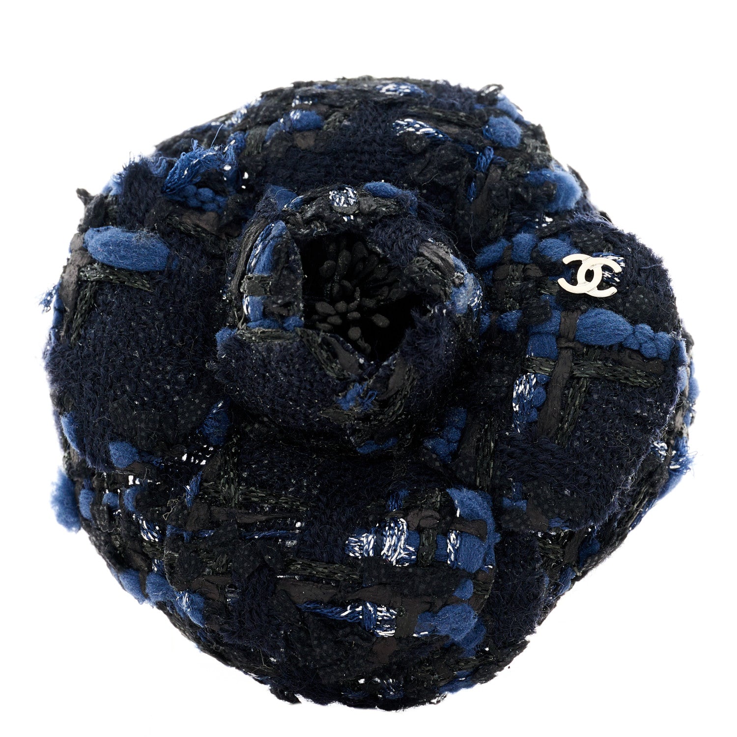 Chanel Tweed Camellia Pin Brooch Navy Blue 1 of 3