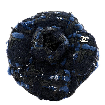 Chanel Tweed Camellia Pin Brooch Navy Blue 1 of 3