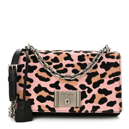 Prada Tessuto Cavallino Leopard Print Lock Flap Chain Shoulder Bag Black Rosa 1 of 12