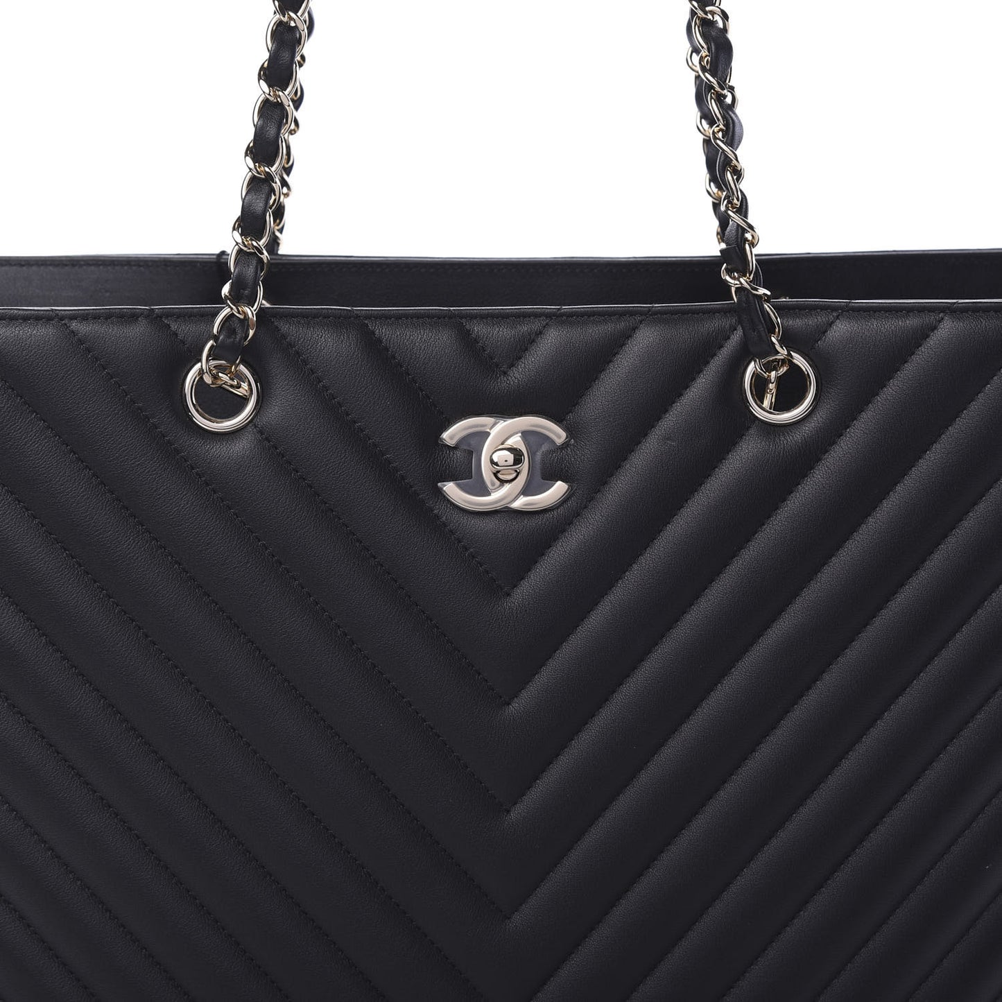 Calfskin Chevron Quilted Large Shopping Tote Black