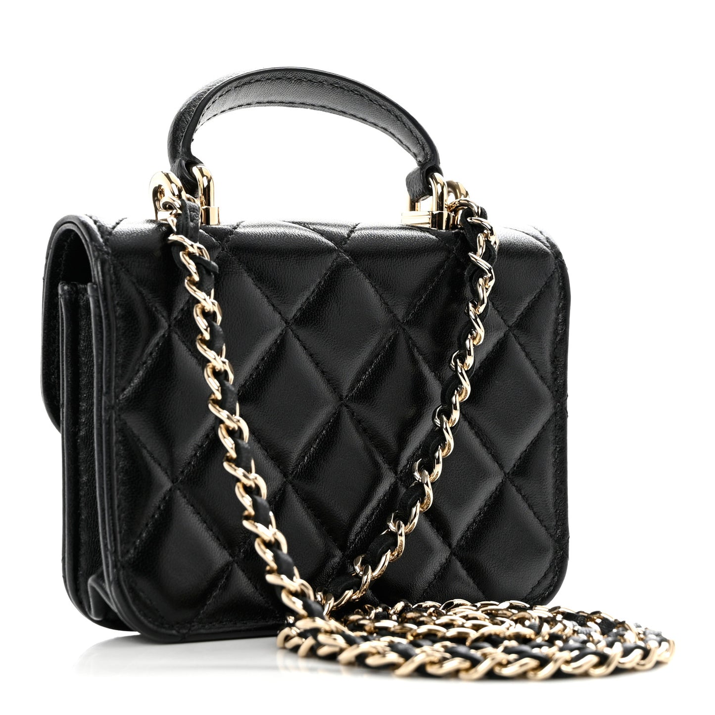 Lambskin Quilted Top Handle Flap Coin Purse With Chain Black