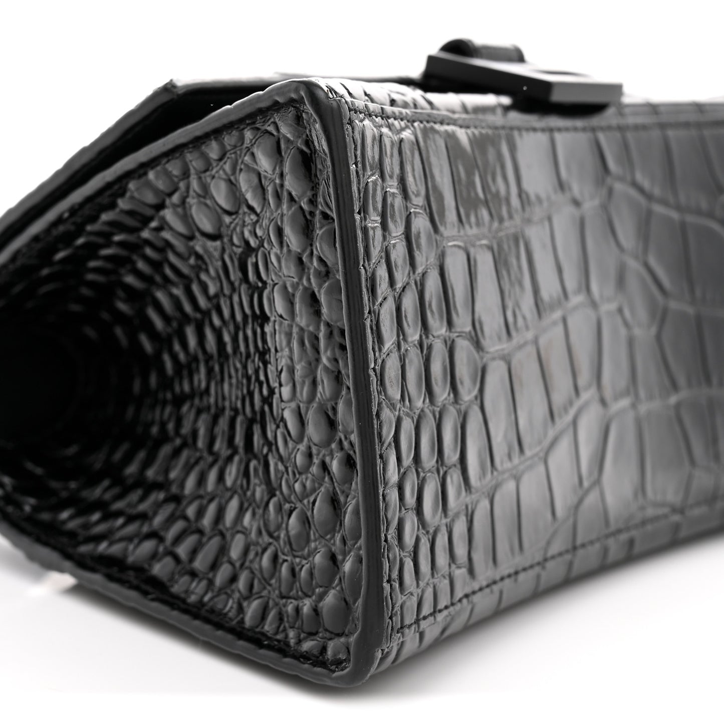 Shiny Calfskin Monochrome Crocodile Embossed Small Hourglass Top Handle Bag Black