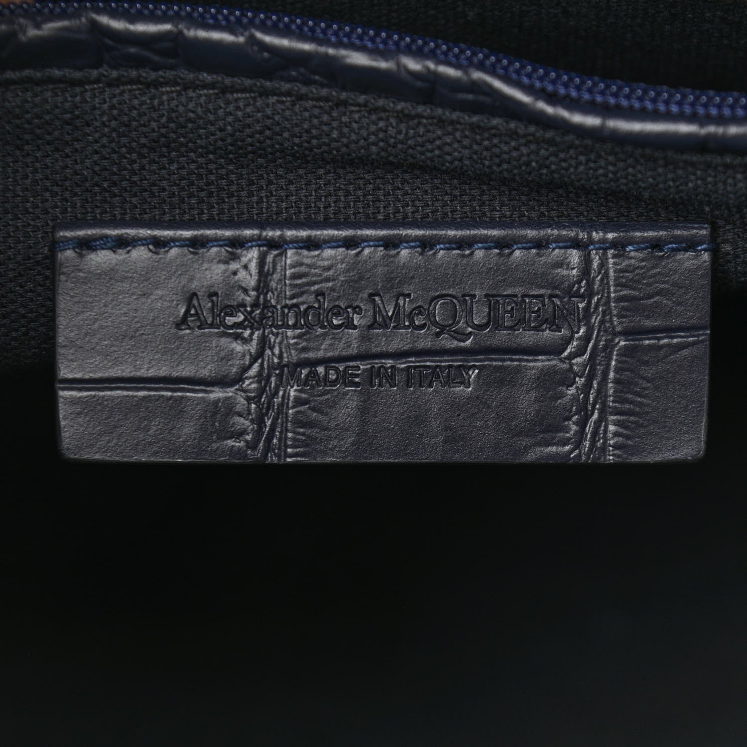 Alexander McQueen Calfskin Crocodile Embossed Small Skull Padlock Zip Around Tote Navy Blue 7 of 12