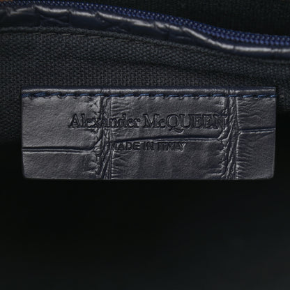 Alexander McQueen Calfskin Crocodile Embossed Small Skull Padlock Zip Around Tote Navy Blue 7 of 12