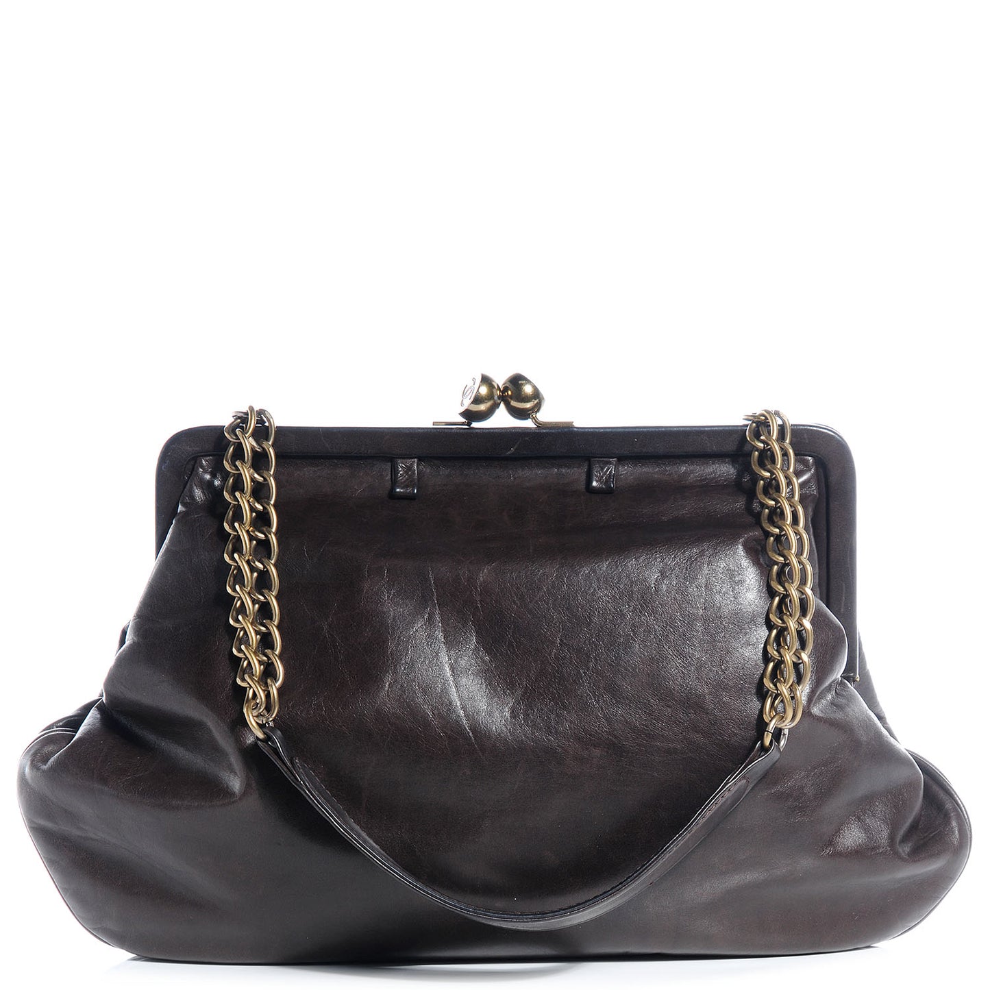Glazed Calfskin Kisslock Frame Bag Dark Brown