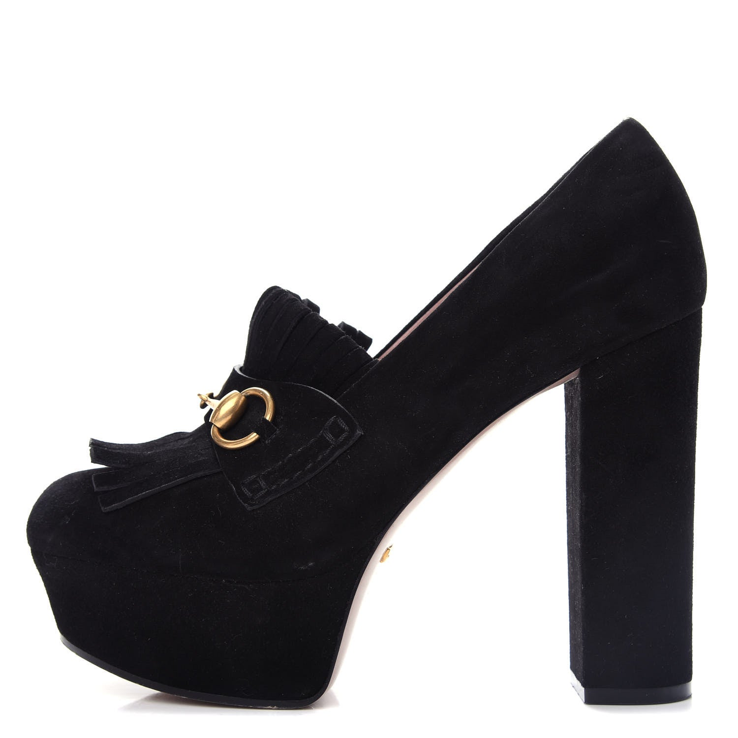 Gucci Kid Scamosciato Horsebit Fringe Loafer Pumps 37.5 Black 1 of 10