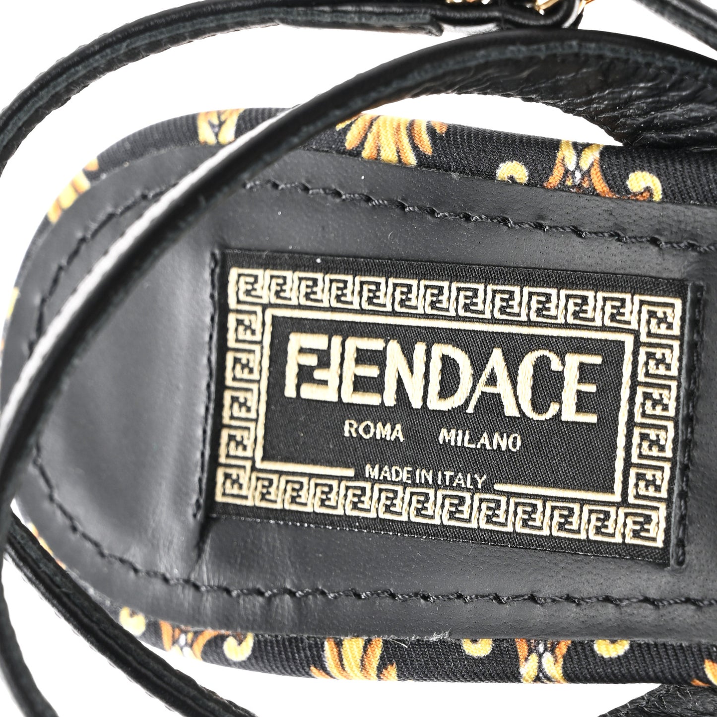 X VERSACE Silk Calfskin Fendace Fendi First 95mm Slingback Sandals 36 Tobacco Black Gold