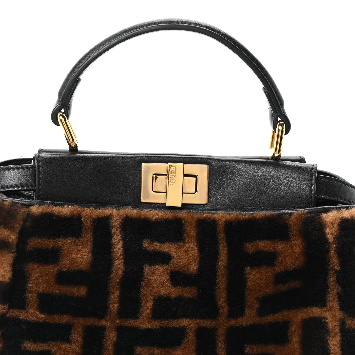 Fendi Shearling Nappa Macro FF 1974 Mini Peekaboo Iconic Satchel Tobacco Black 8 of 10
