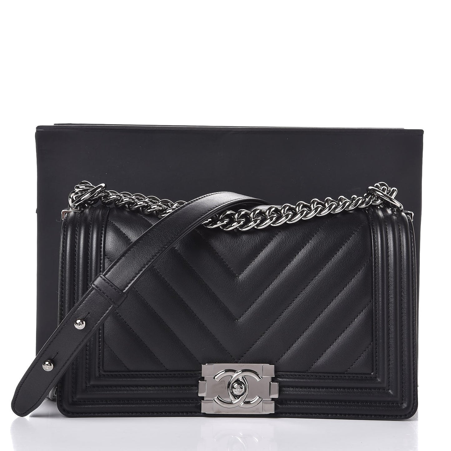 Calfskin Chevron Quilted Medium Boy Flap Black