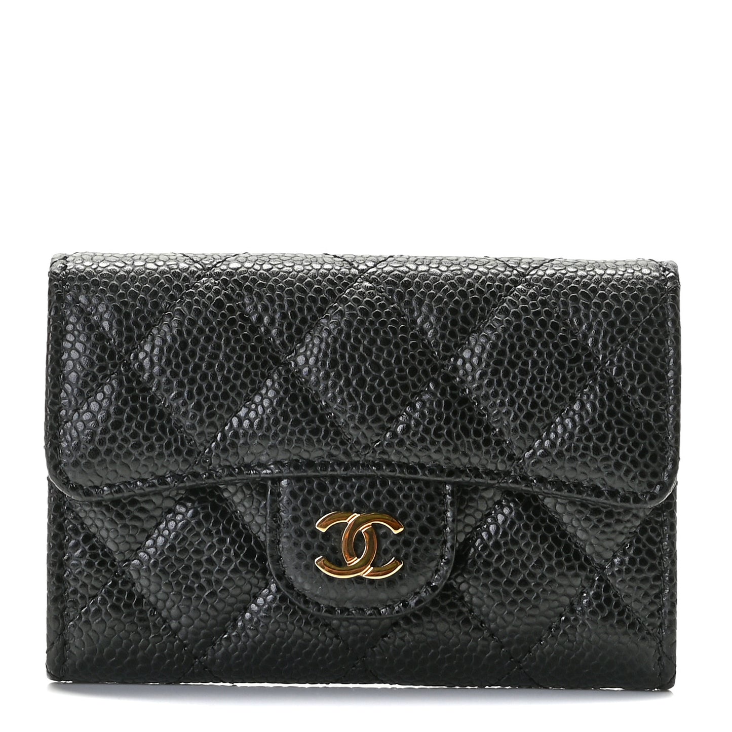 Caviar Quilted Flap Card Holder Wallet Black
