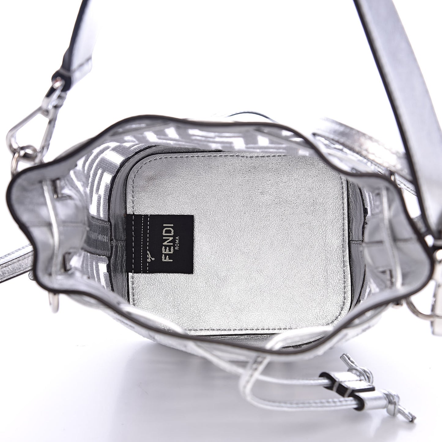 PVC Vitello Catalan Mirror Sequin F is Fendi FF Mini Mon Tresor Bucket Bag Argento
