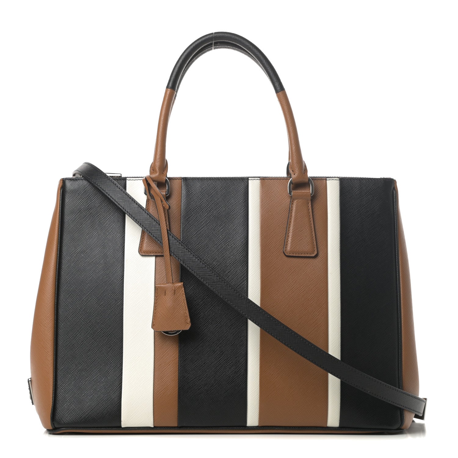 Prada Saffiano Baiadera Striped Medium Galleria Double Zip Tote Caramel Black White 1 of 13