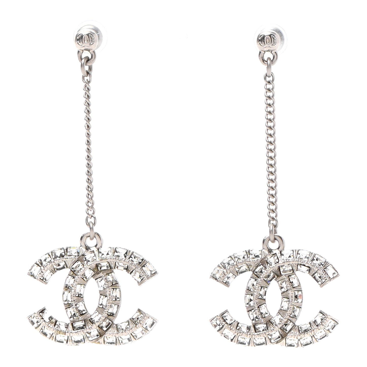 Baguette Crystal CC Drop Earrings Silver