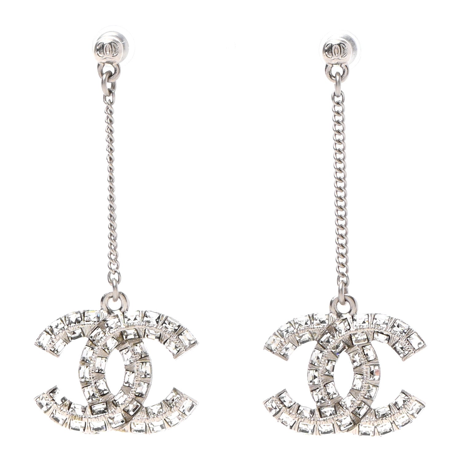 Chanel Baguette Crystal CC Drop Earrings Silver 1 of 4