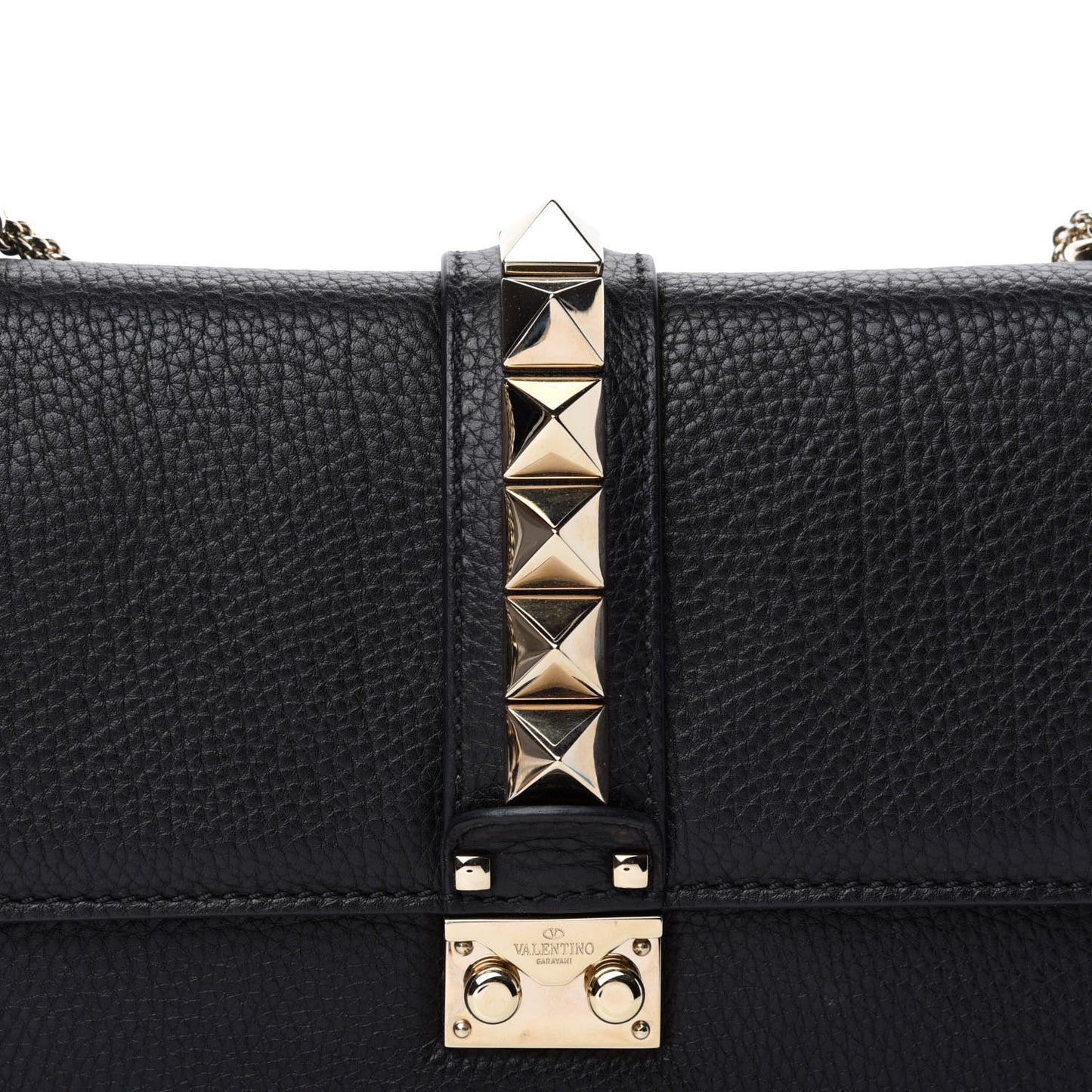 Pebbled Calfskin Medium Glam Lock Rockstud Flap Black