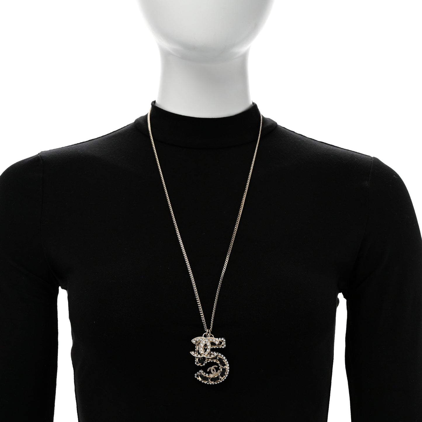 Lambskin Crystal CC Number 5 Pendant Necklace Gold Black