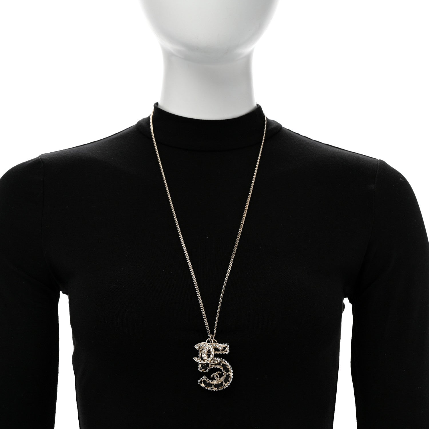 Chanel Lambskin Crystal CC Number 5 Pendant Necklace Gold Black 2 of 6