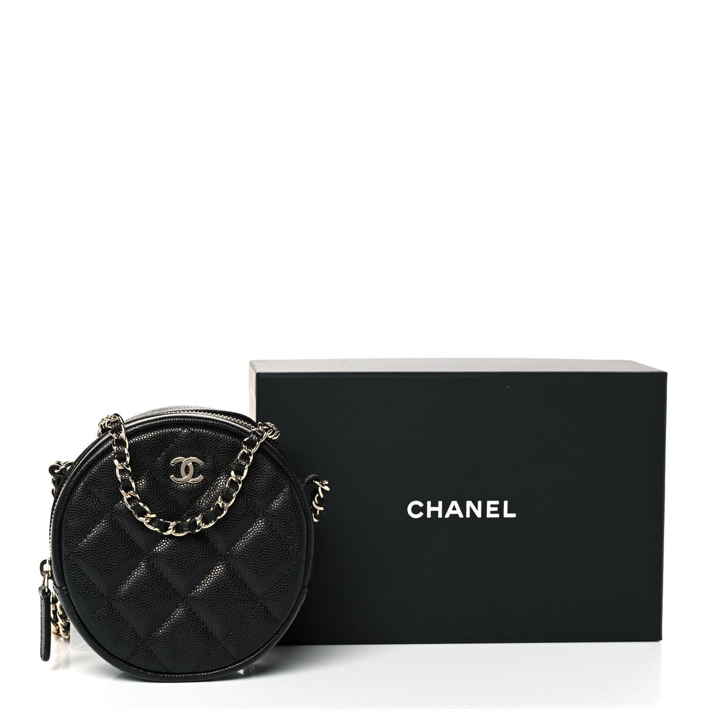 Caviar Quilted Round Clutch With Chain Black