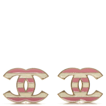 Chanel Enamel Striped CC Earrings Pink White Gold 1 of 4
