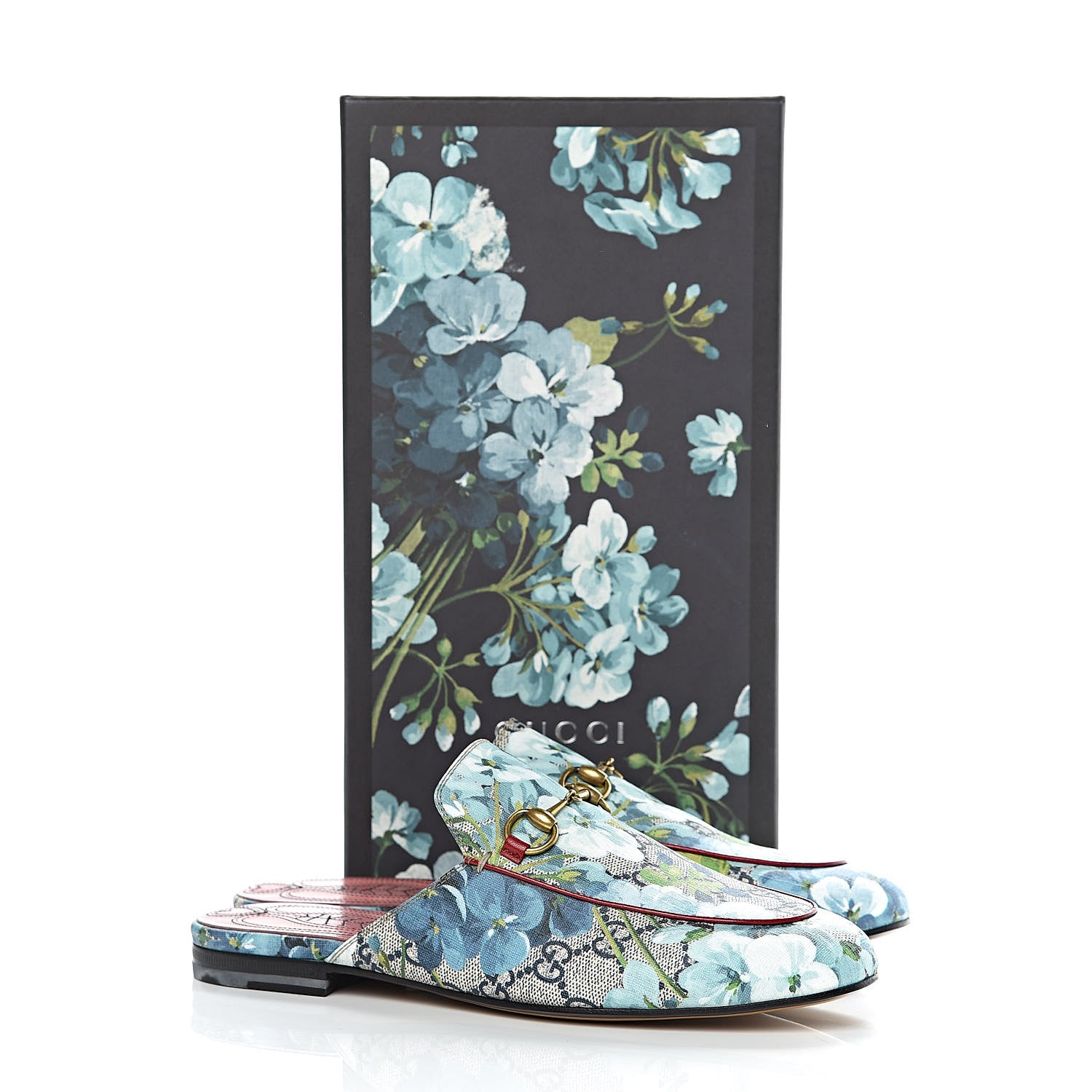 Gucci GG Supreme Monogram Blooms Womens Princetown Slippers 37.5 Beige Blue Navy Hibiscus Red 9 of 9