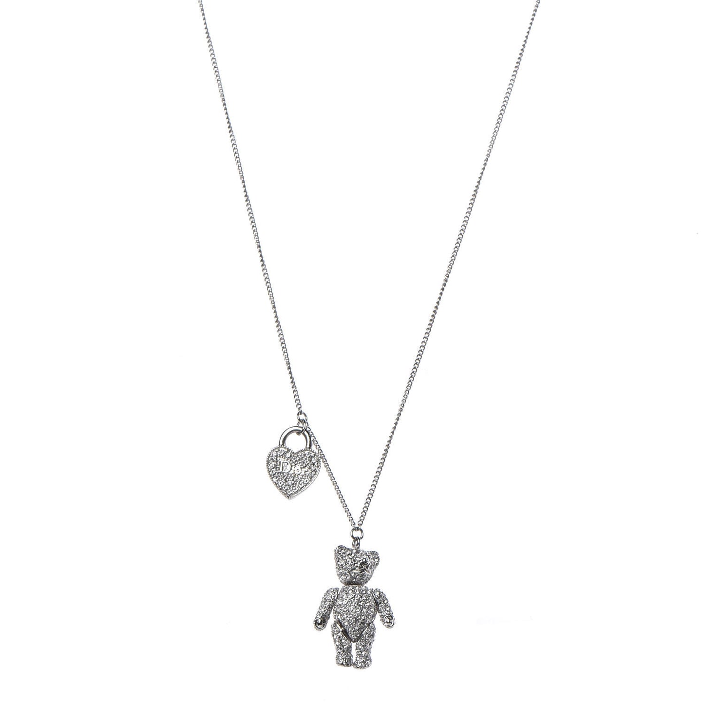 Crystal Teddy Bear Heart Necklace Silver