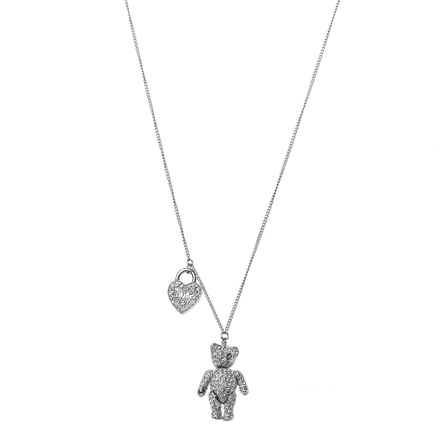 Christian Dior Crystal Teddy Bear Heart Necklace Silver 1 of 6