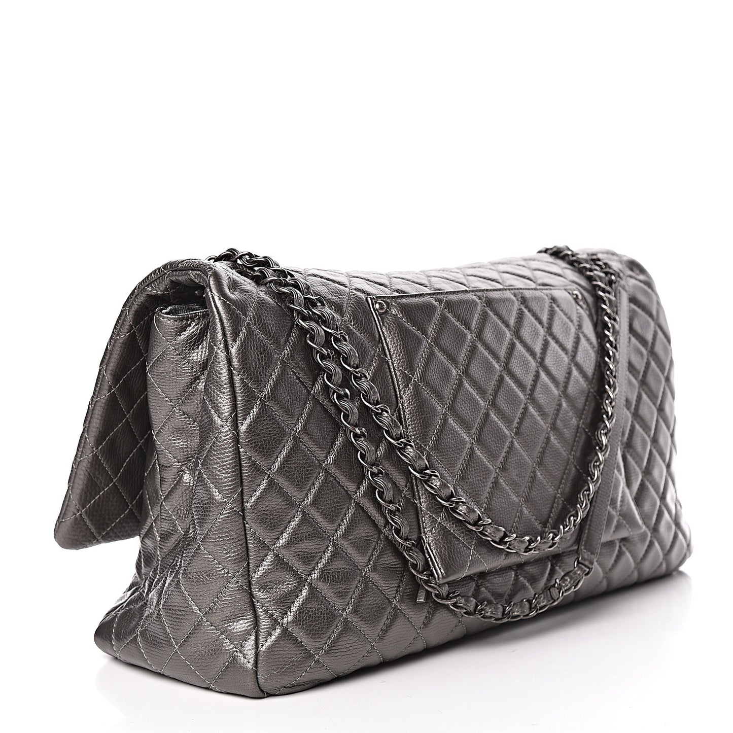 Metallic Calfskin Quilted XXL Travel Flap Bag Dark Silver
