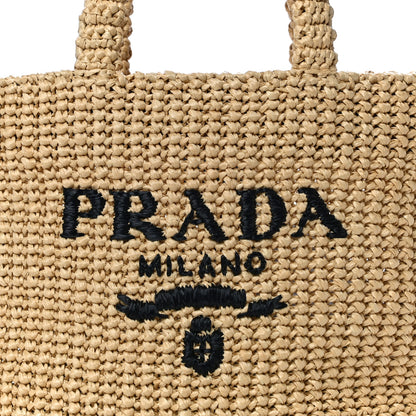 Prada Yarn Raffia Effect Crochet Embroidered Small Logo Tote Naturale 7 of 9