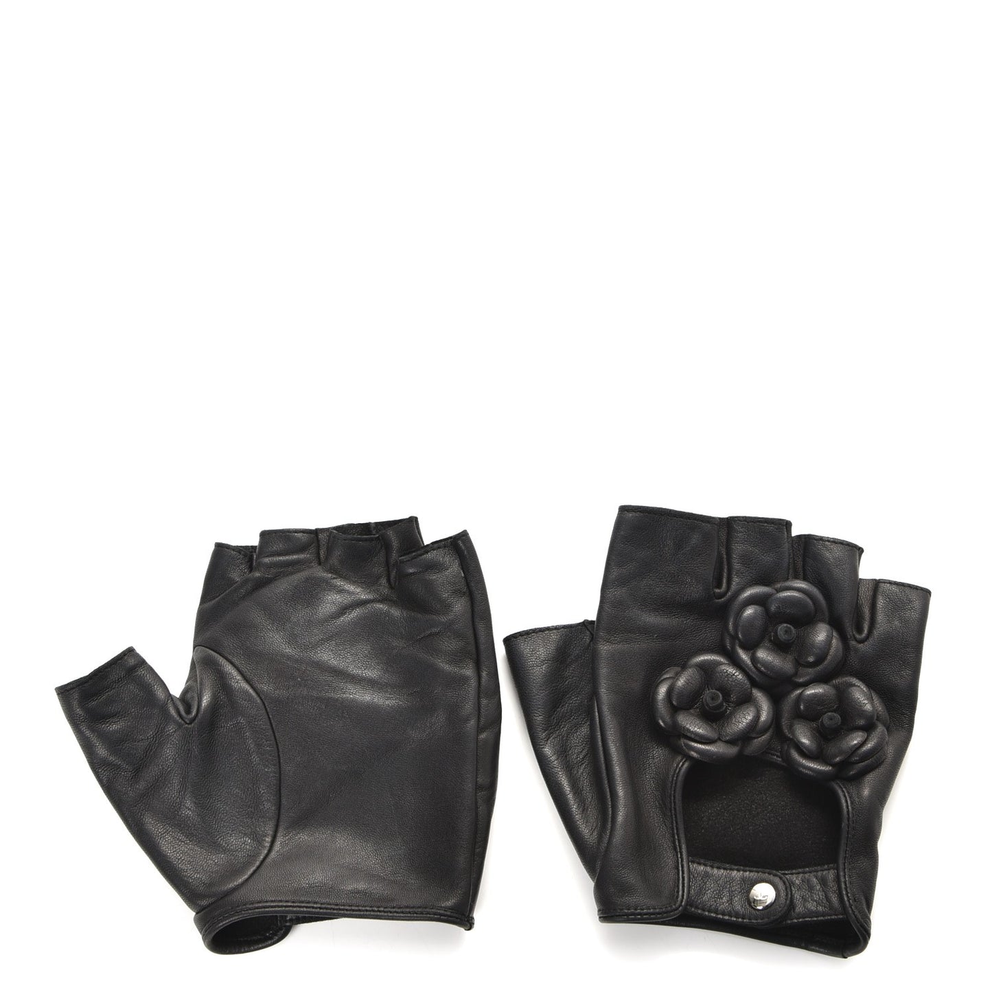 Lambskin Camellia Fingerless Gloves 8.5 Black