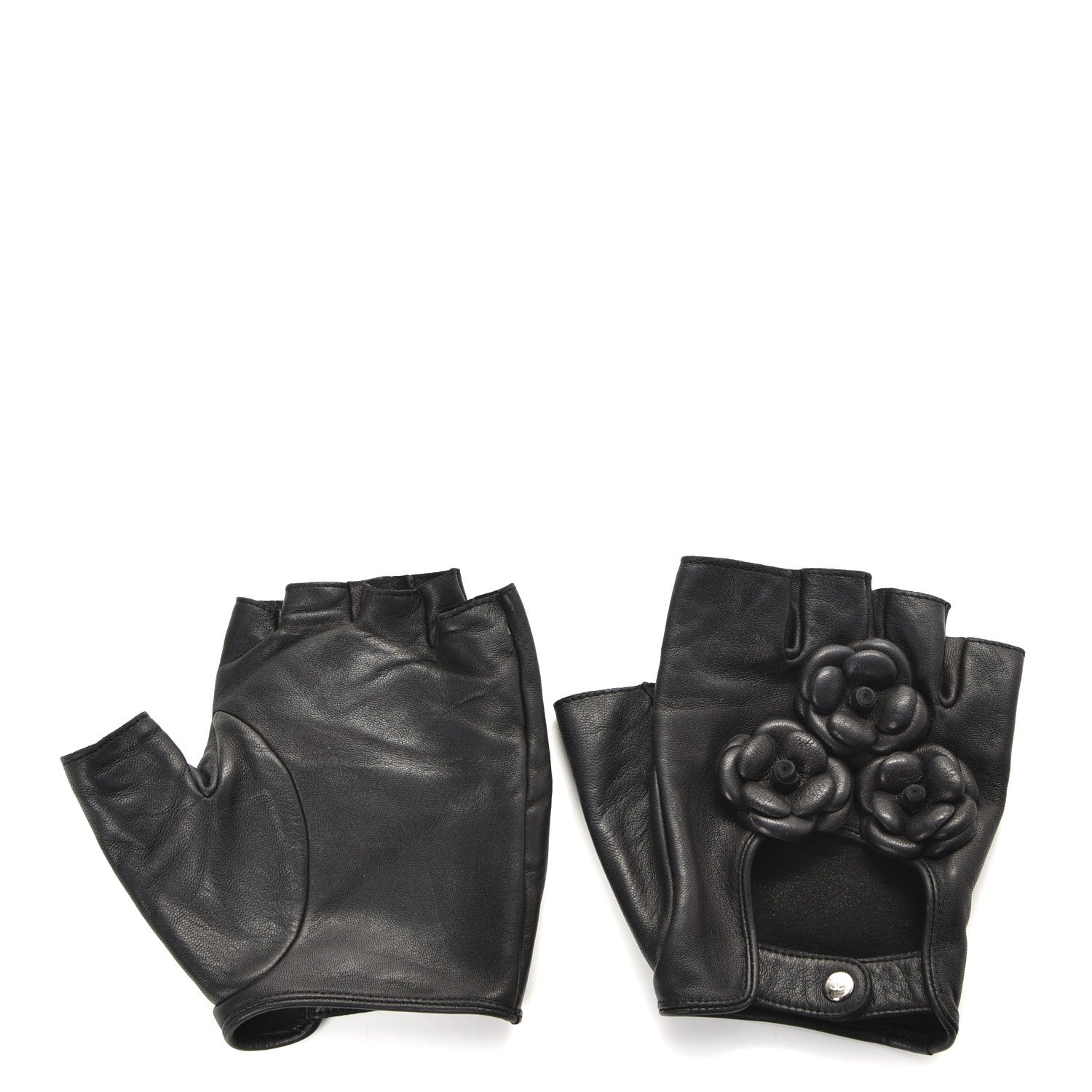 Chanel Lambskin Camellia Fingerless Gloves 8.5 Black 1 of 9