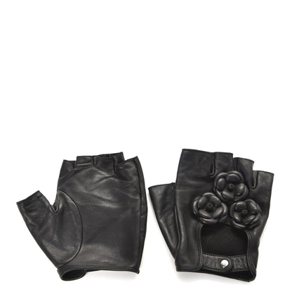 Chanel Lambskin Camellia Fingerless Gloves 8.5 Black 1 of 9