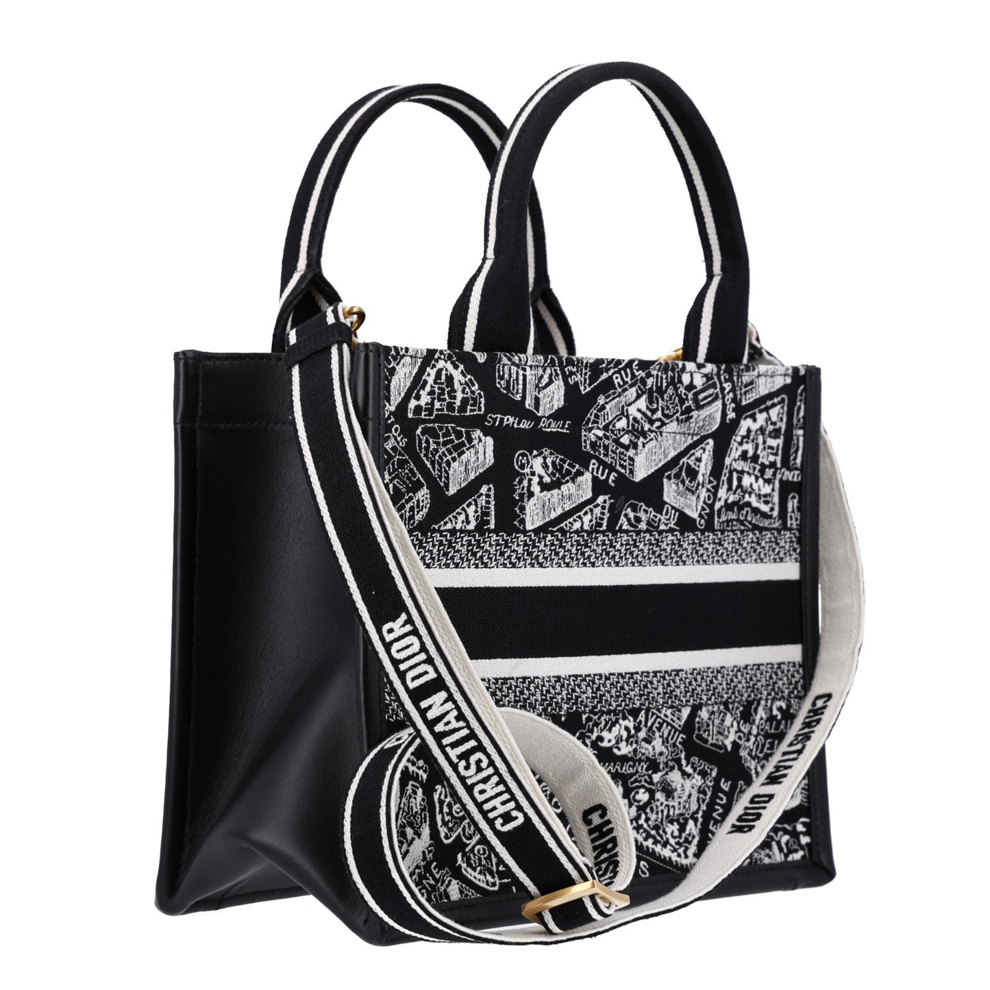 Canvas Calfskin Embroidered Small Plan De Paris Book Tote With Strap Black White