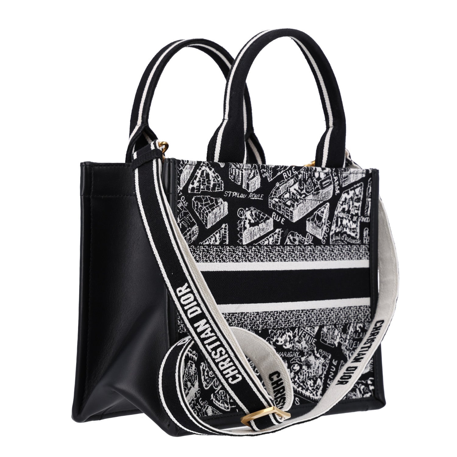 Christian Dior Canvas Calfskin Embroidered Small Plan De Paris Book Tote With Strap Black White 3 of 10