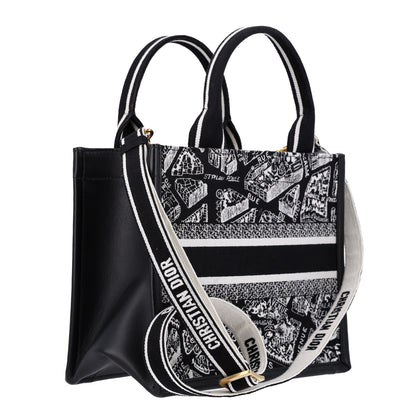Christian Dior Canvas Calfskin Embroidered Small Plan De Paris Book Tote With Strap Black White 3 of 10