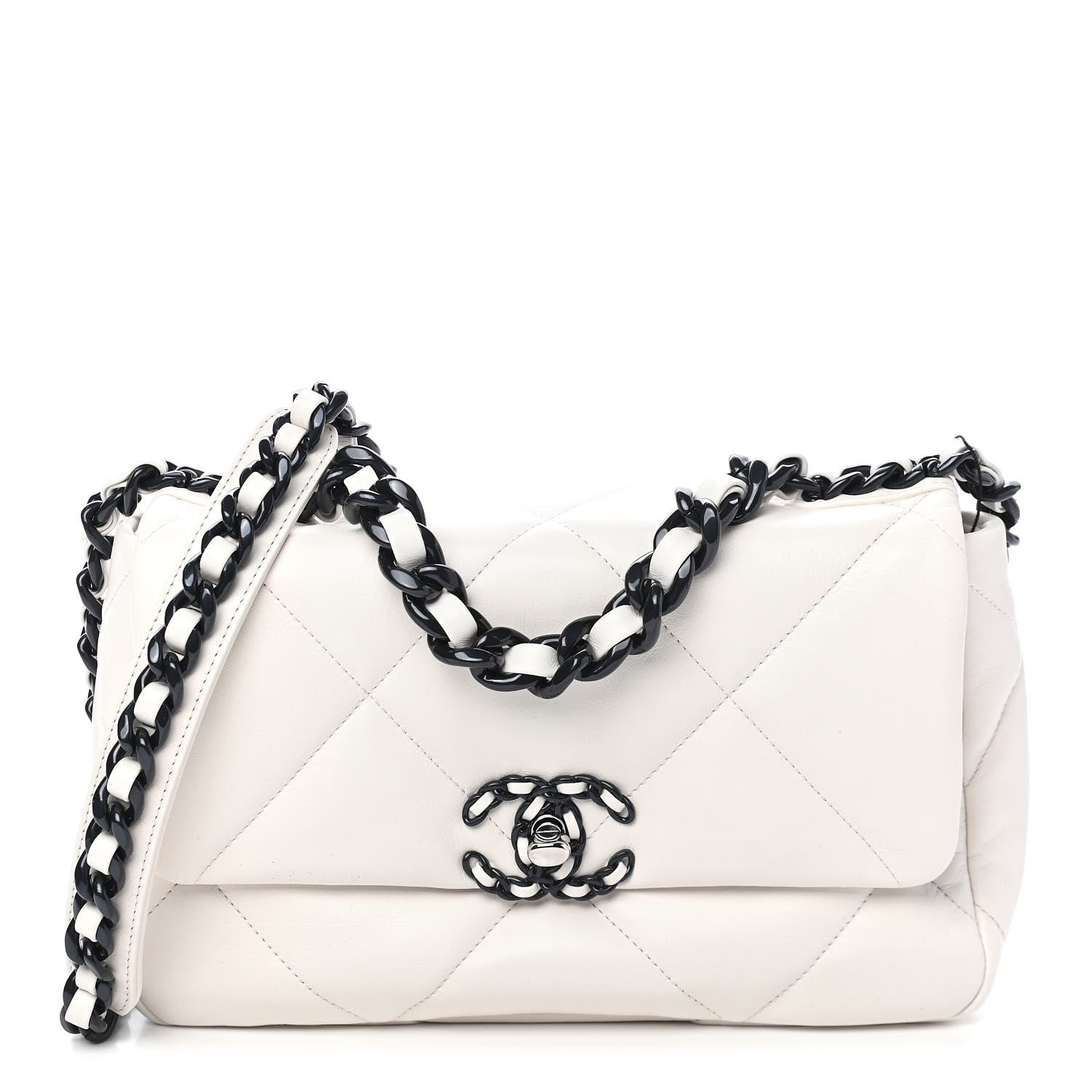 Chanel Glossy Calfskin Quilted Medium Chanel 19 Flap White Black 1 of 8