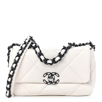 Chanel Glossy Calfskin Quilted Medium Chanel 19 Flap White Black 1 of 8