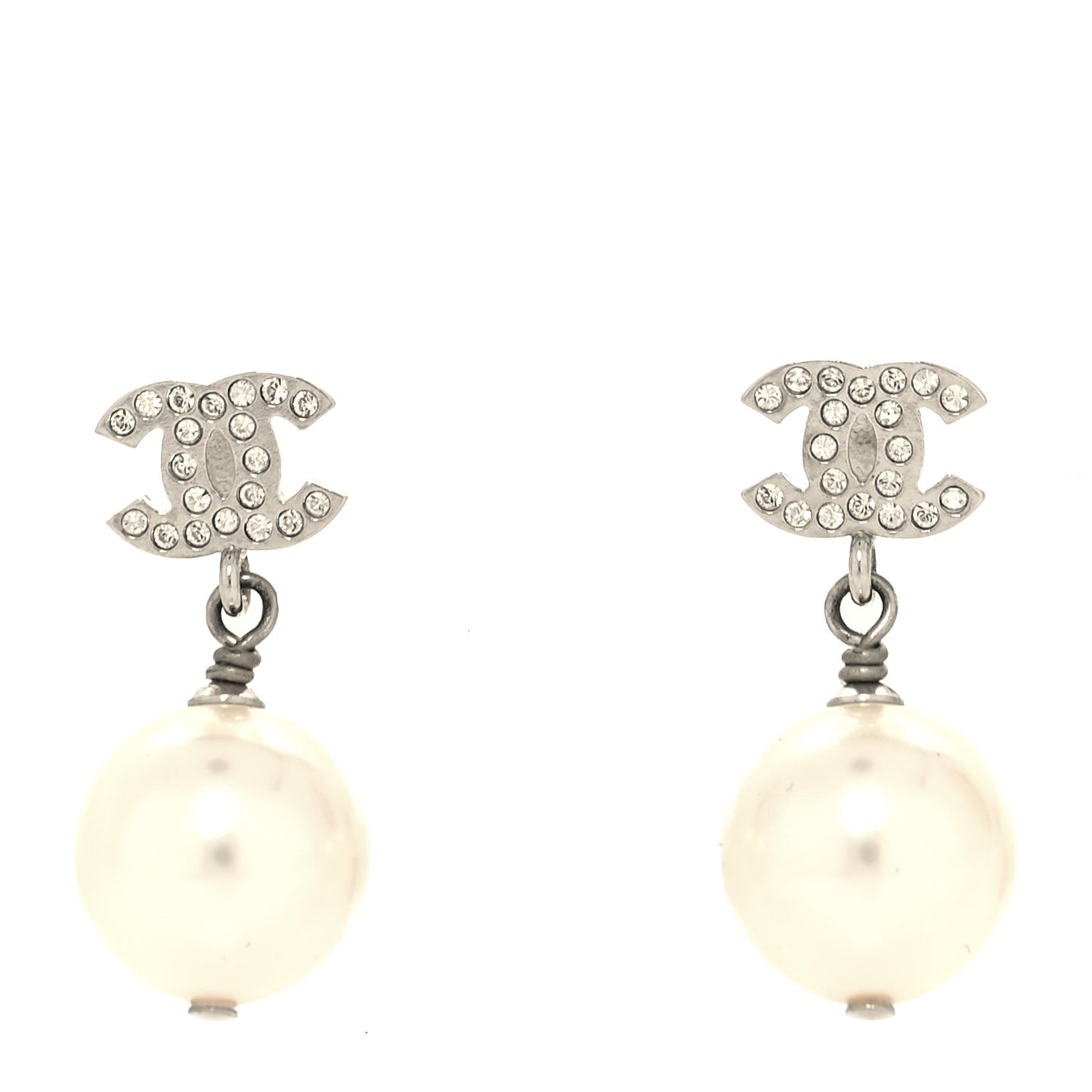 Crystal Pearl CC Drop Earrings Silver Pearly White