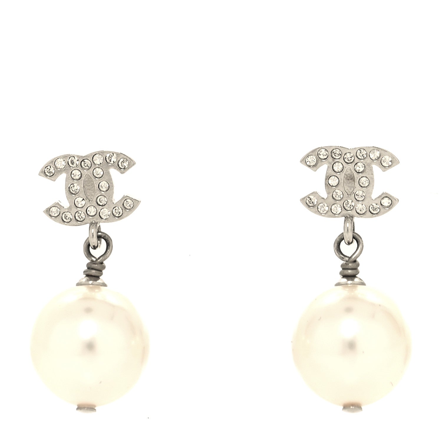 Chanel Crystal Pearl CC Drop Earrings Silver Pearly White 1 of 5