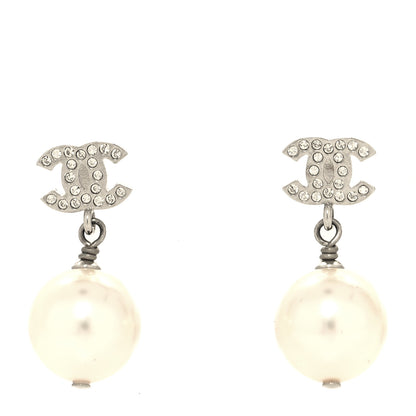 Chanel Crystal Pearl CC Drop Earrings Silver Pearly White 1 of 5