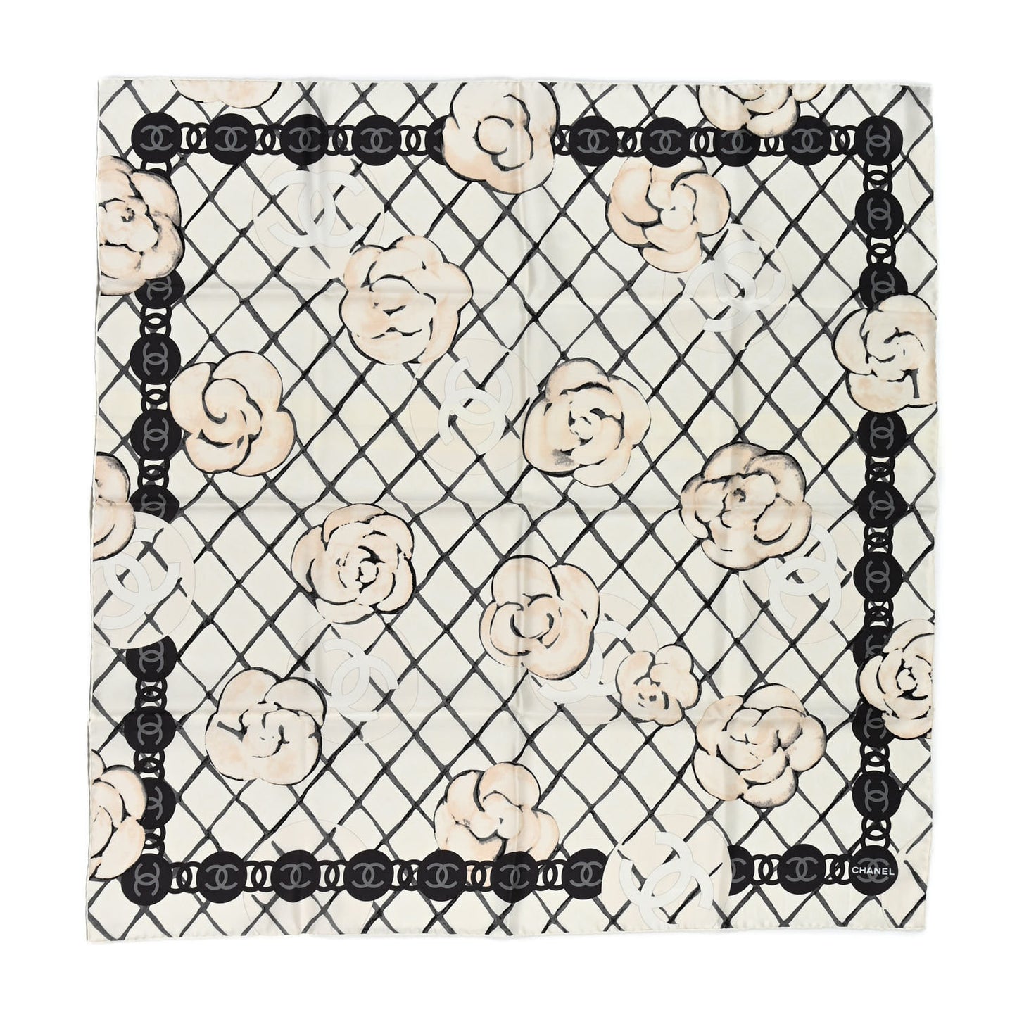 Silk CC Logo Camellia Scarf White Black