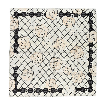 Chanel Silk CC Logo Camellia Scarf White Black 1 of 3