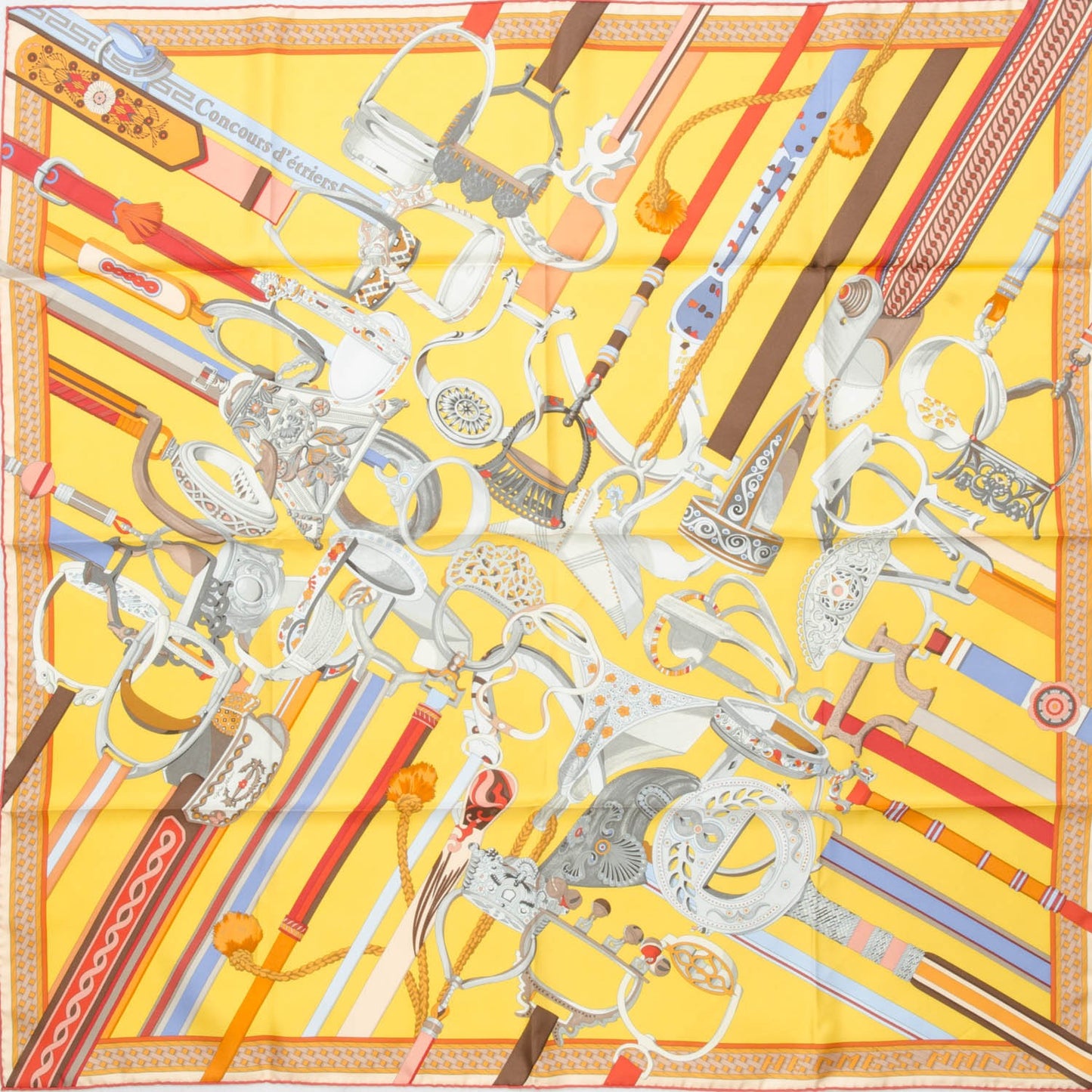 Silk Concours D'Etriers Scarf 90 Jaune D'Or Rouge H Gris