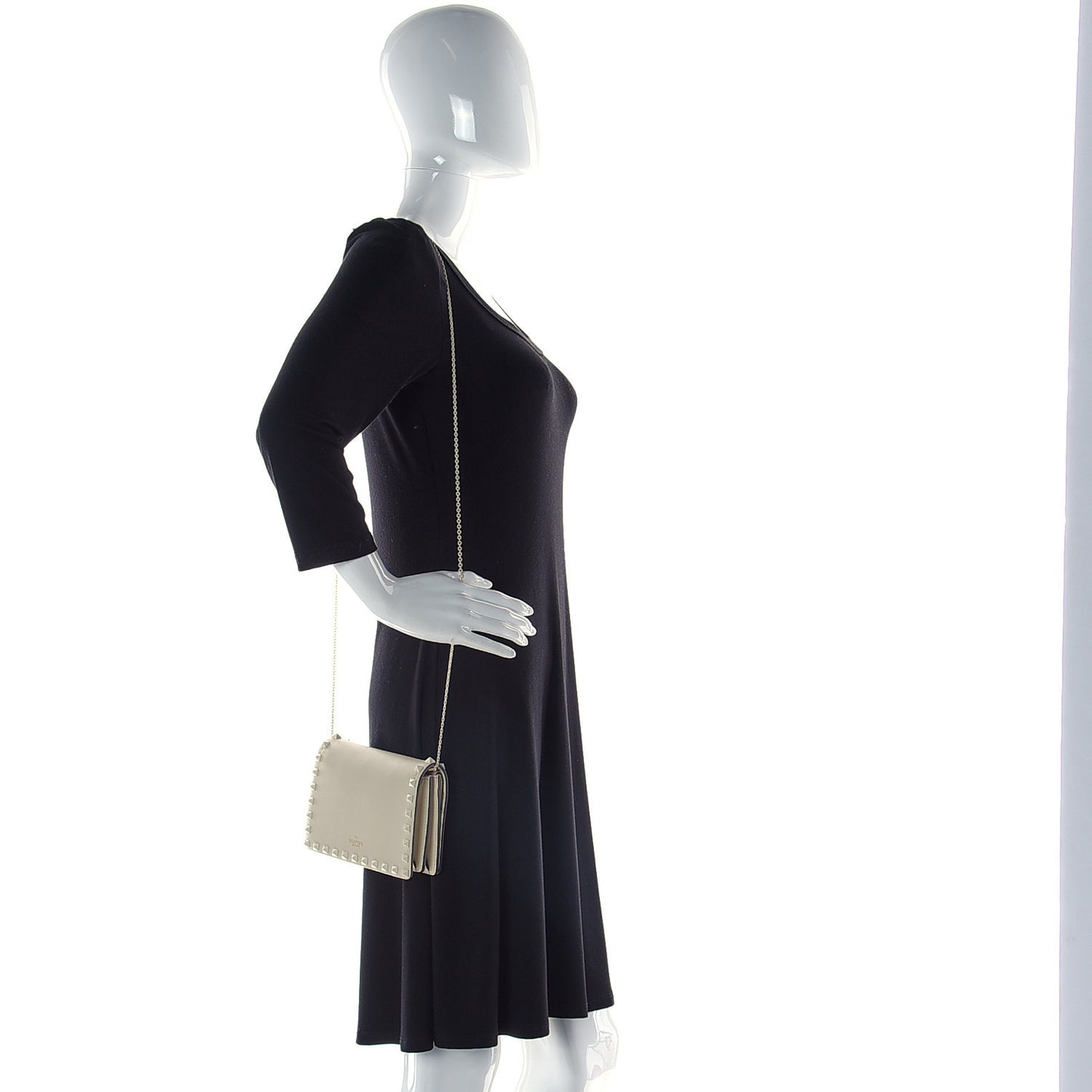 Calfskin Lacquered Monochrome Rockstud Wallet on Chain Ivory