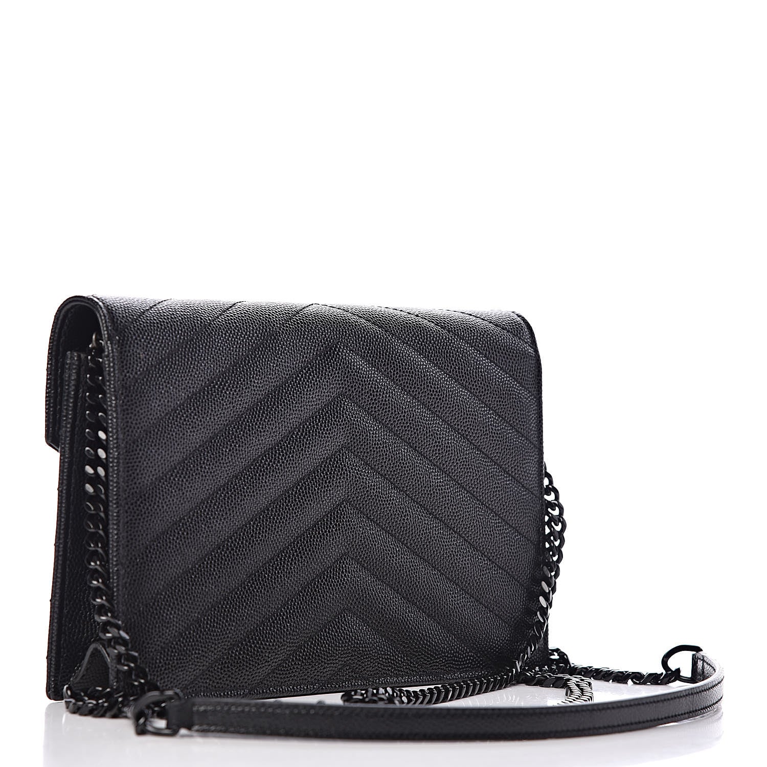 Saint Laurent Grain De Poudre Matelasse Chevron Monogram Envelope Chain Wallet Black 3 of 9