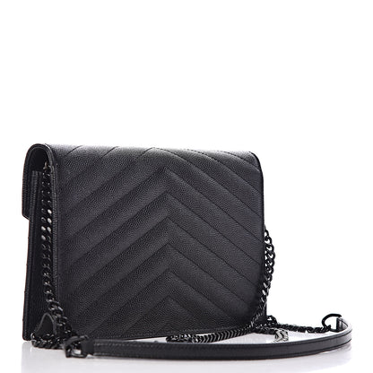 Saint Laurent Grain De Poudre Matelasse Chevron Monogram Envelope Chain Wallet Black 3 of 9