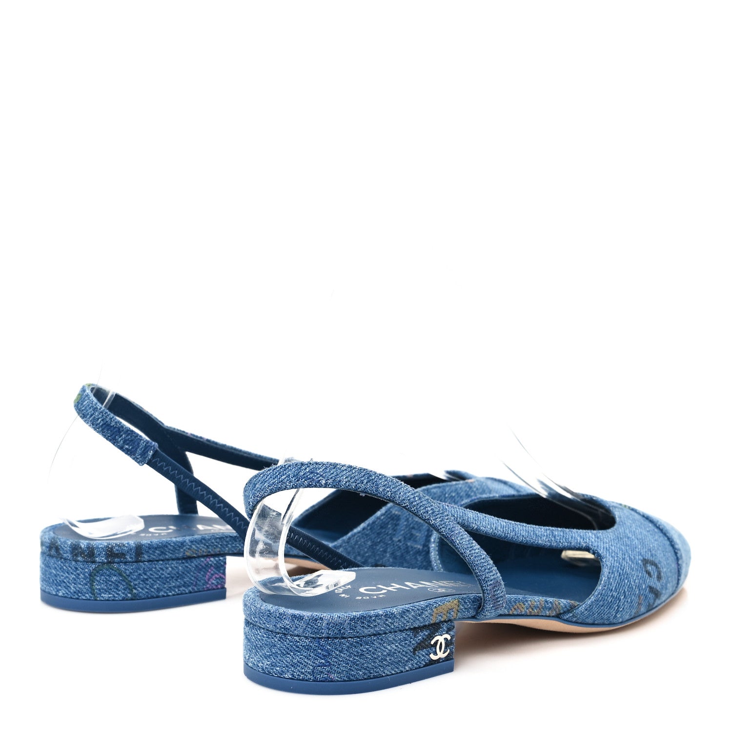 Chanel Denim Printed Denim Mood Cap Toe CC Slingback Flats 37 Light Blue Multicolor 5 of 9