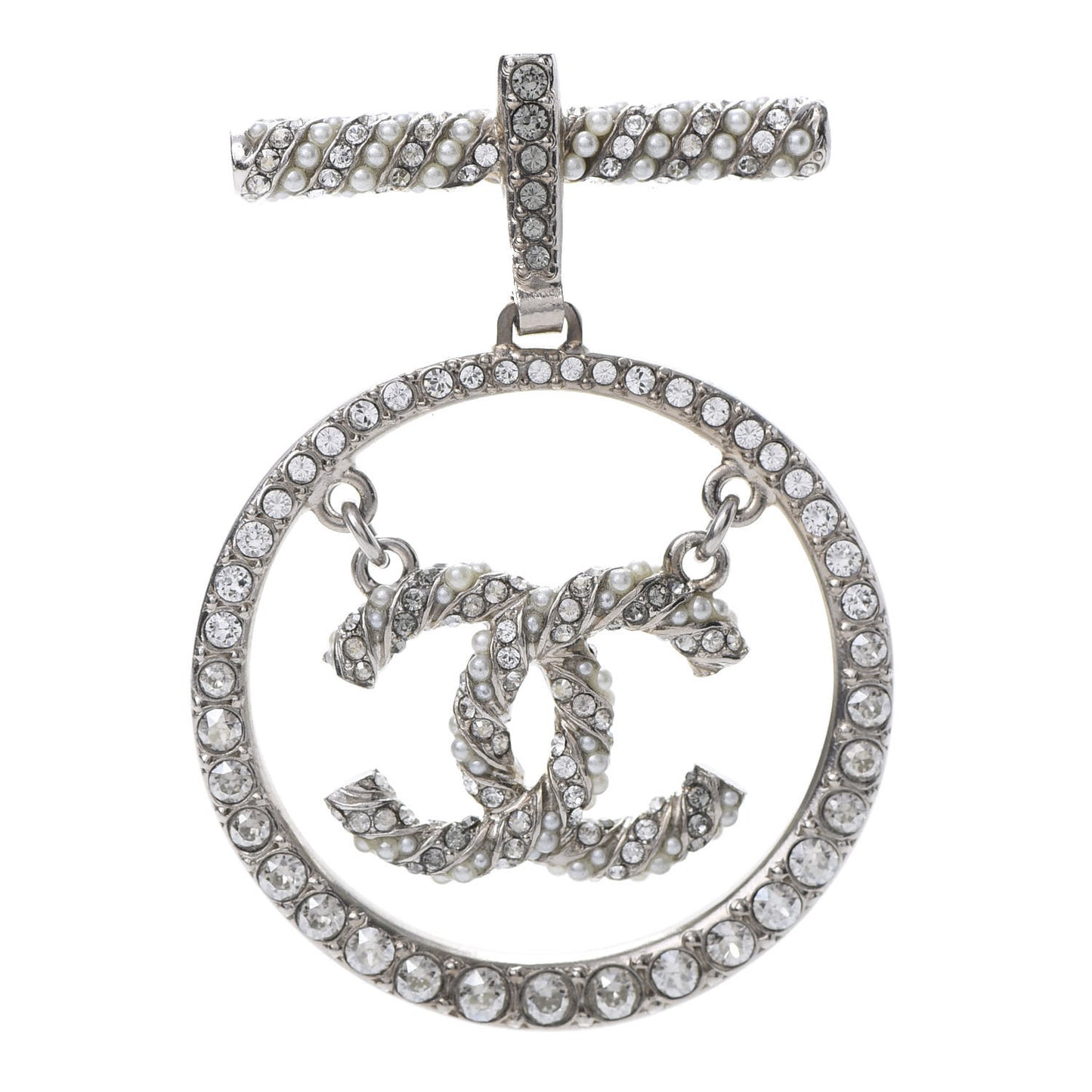 Pearl Crystal CC Brooch Silver