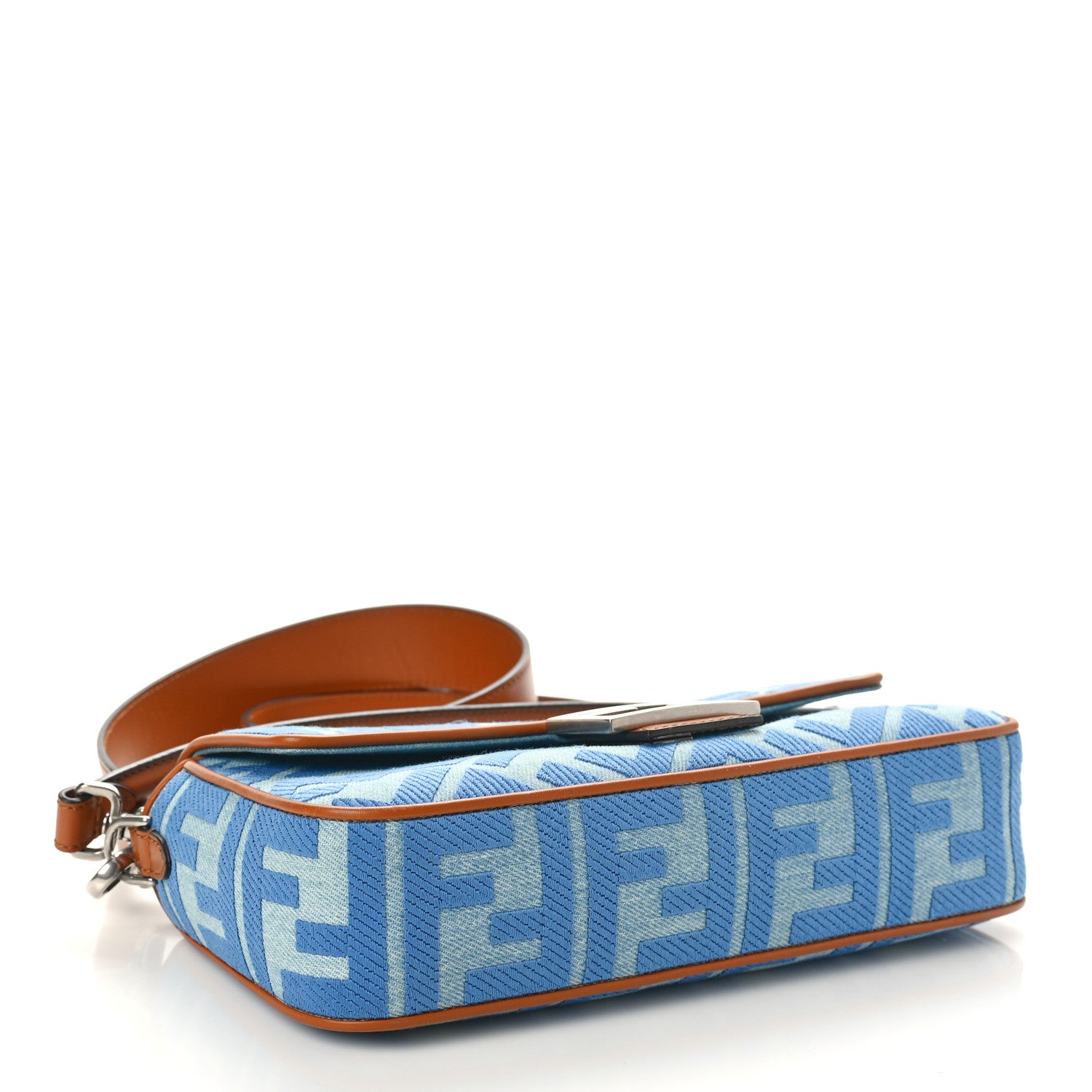 Fendi Denim Vitello King FF Embroidered Baguette Denim Chiaro Brandy 4 of 9