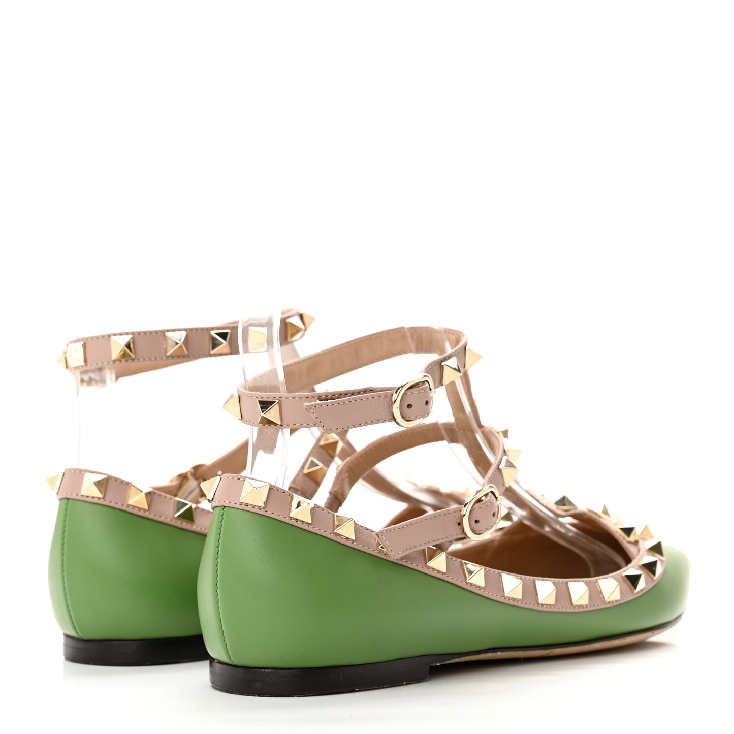 Calfskin Rockstud Cage Ballerina Flats 36.5 Deep Clover Poudre